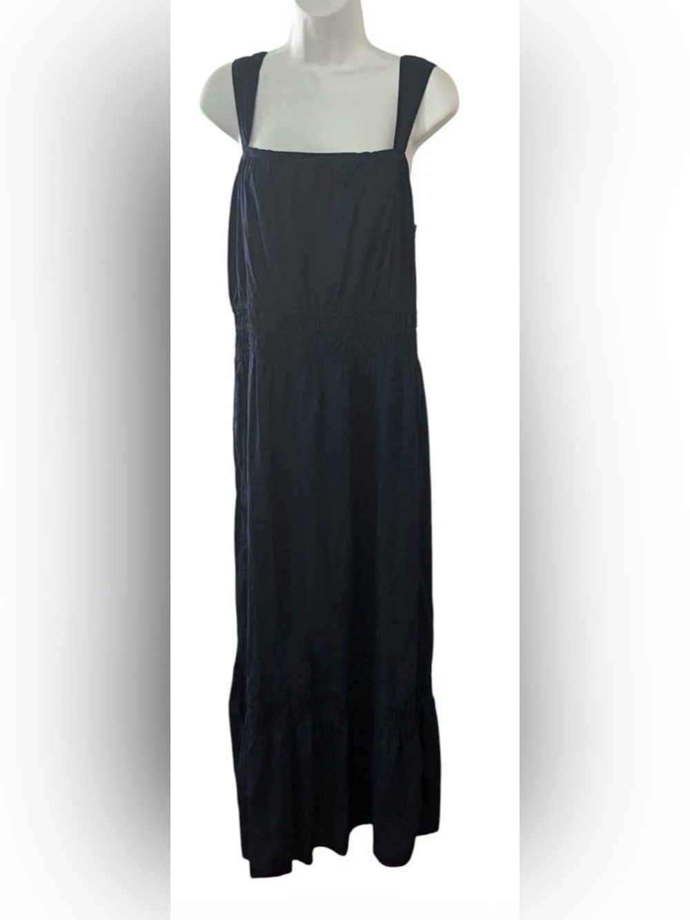 LOFT Shirred Flounce Navy Blue Maxi Dress Size XL Cotton Modal Blend